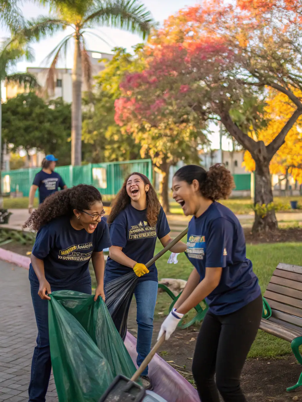 A group of American College students participating in a volunteer activity, cleaning up a local park in San Salvador. The students are wearing college t-shirts and appear to be enjoying the activity.