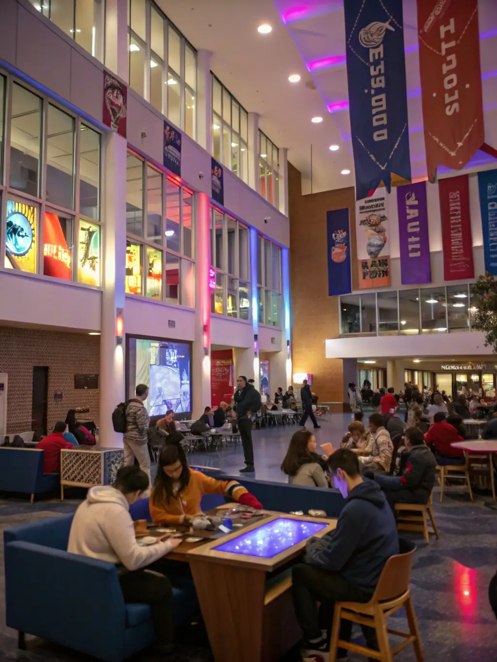 A photograph of the American College's student union, filled with students socializing, playing games, and studying. The atmosphere is lively and welcoming.