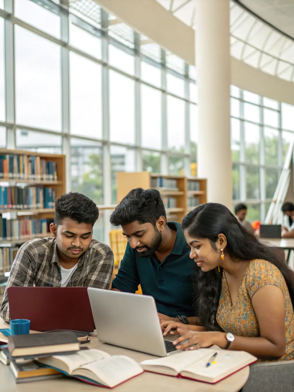 A group of American College students working together on a project in the library, surrounded by books and computers. The students are focused and collaborative.
