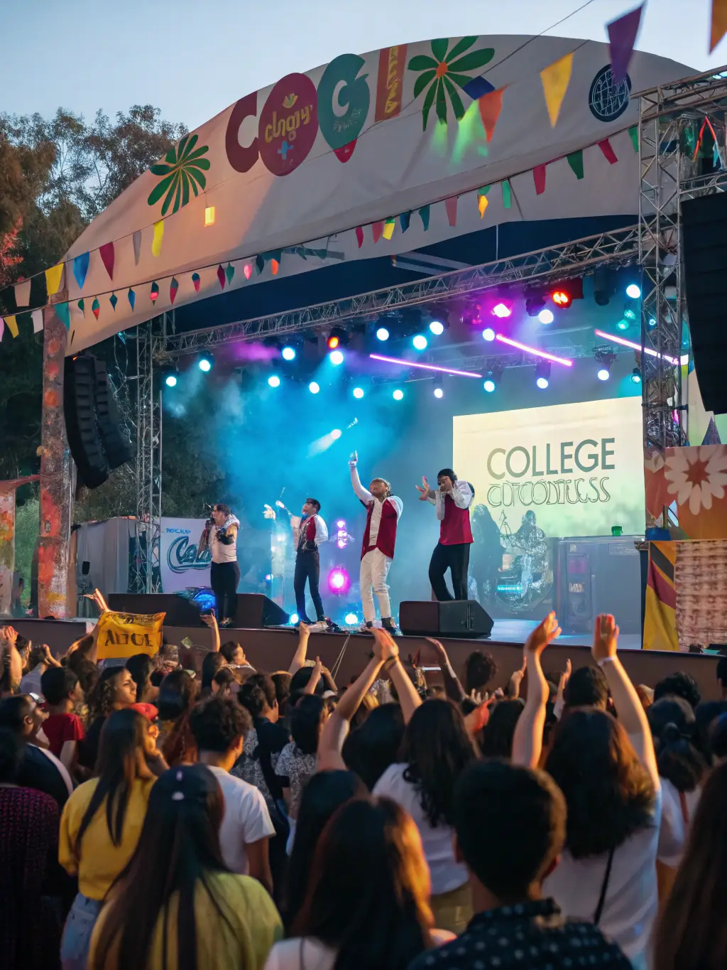 Students from American College participating in an international cultural festival, showcasing traditional dances and foods from different countries. The event is colorful and vibrant.