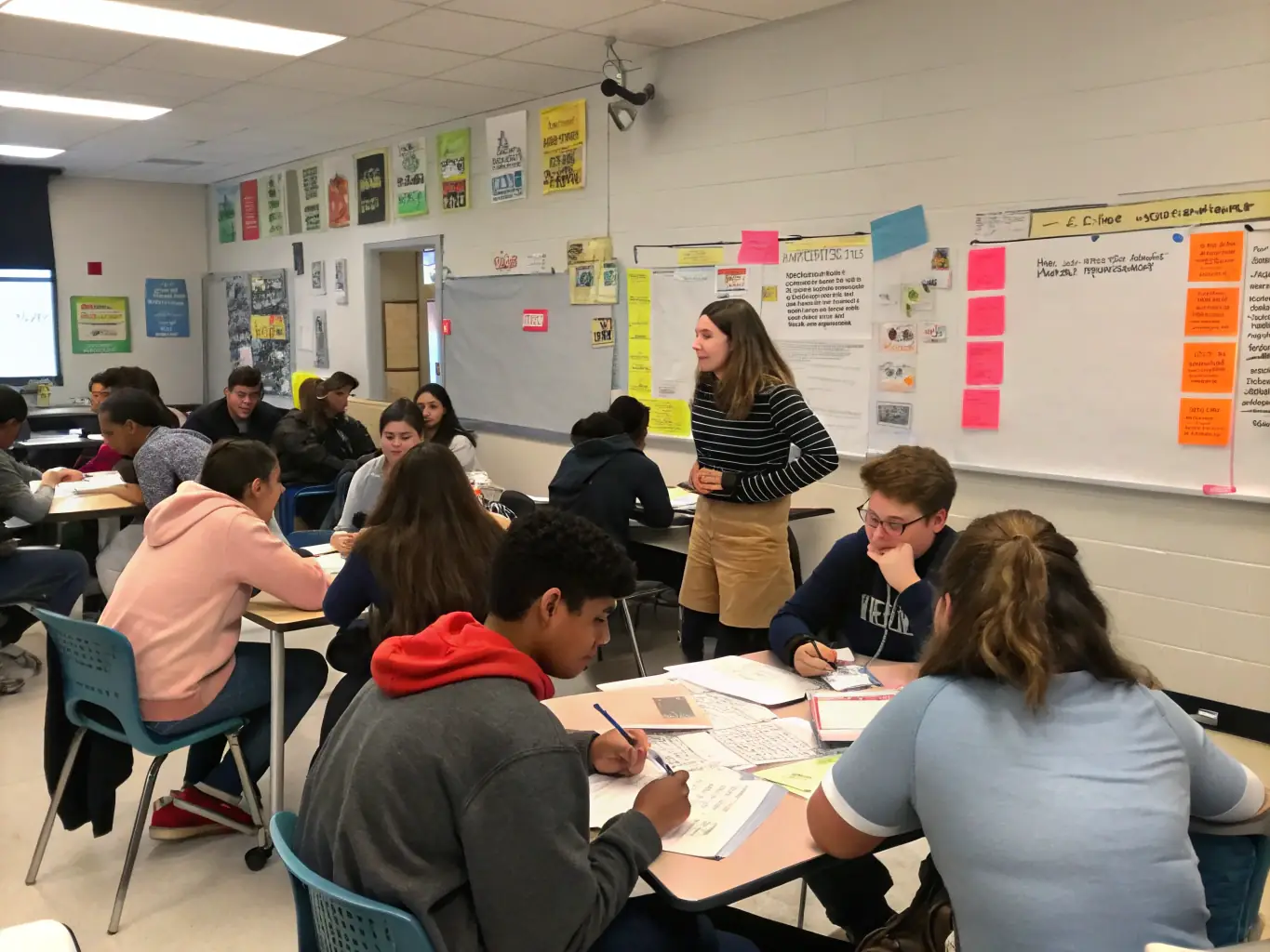 A classroom setting with students engaged in a business discussion led by a faculty member, representing the Associate Degree in Business Administration program at American College.
