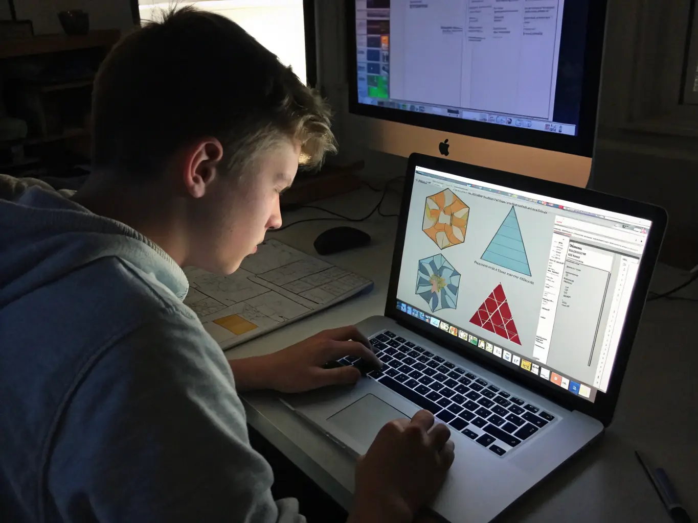A student working on a graphic design project using a computer and design software, showcasing the creative environment of the Associate Degree in Graphic Design program at American College.