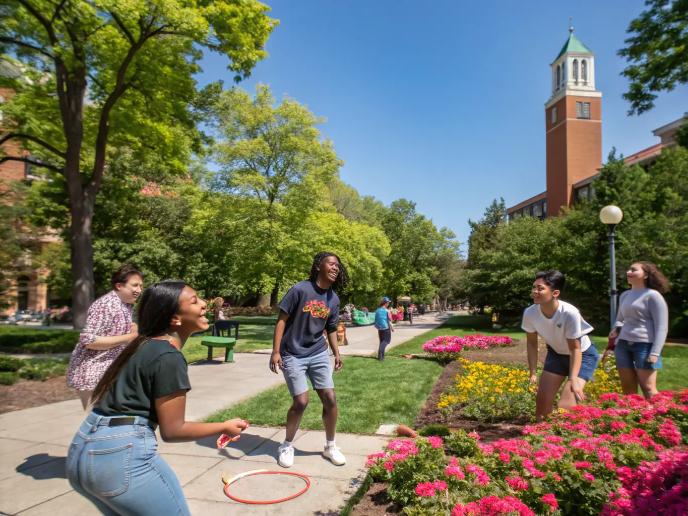 A group of diverse students smiling and walking on the American College campus.