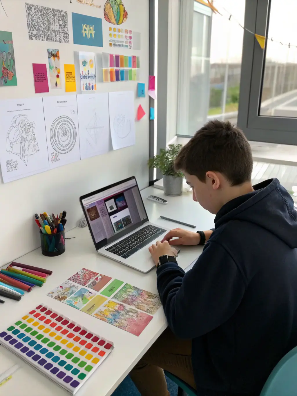 A student working on a graphic design project using industry-standard software in a well-equipped design studio at American College.
