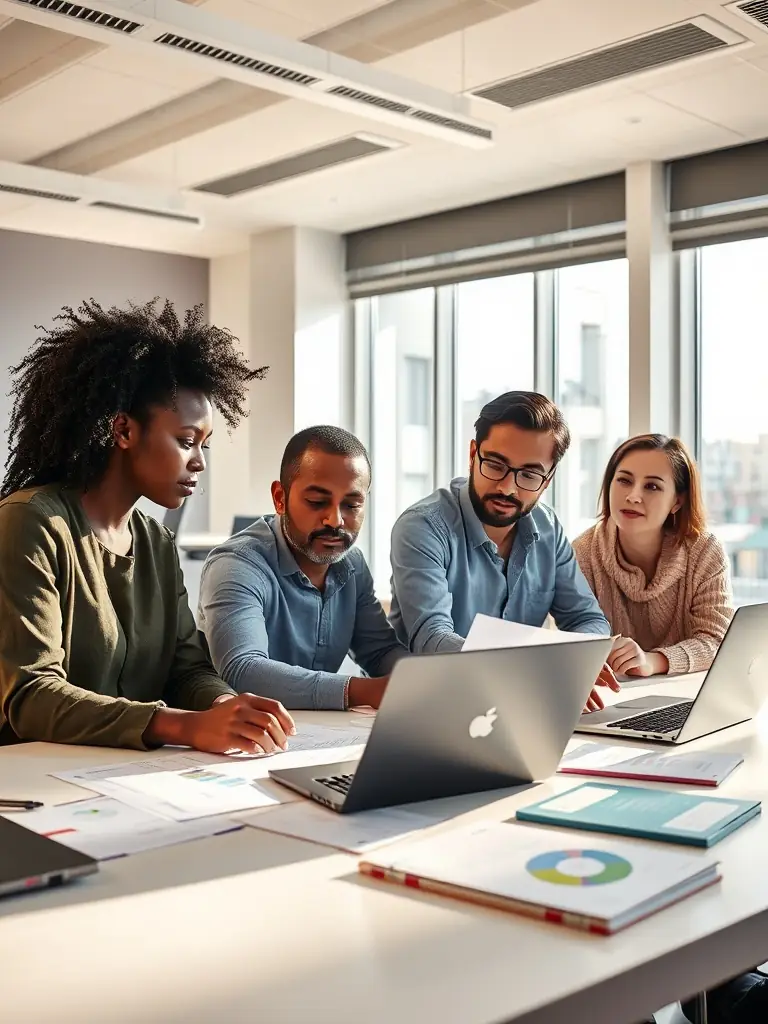 A diverse group of students collaborating on a business project in a modern classroom at American College, showcasing teamwork and practical application of business principles.